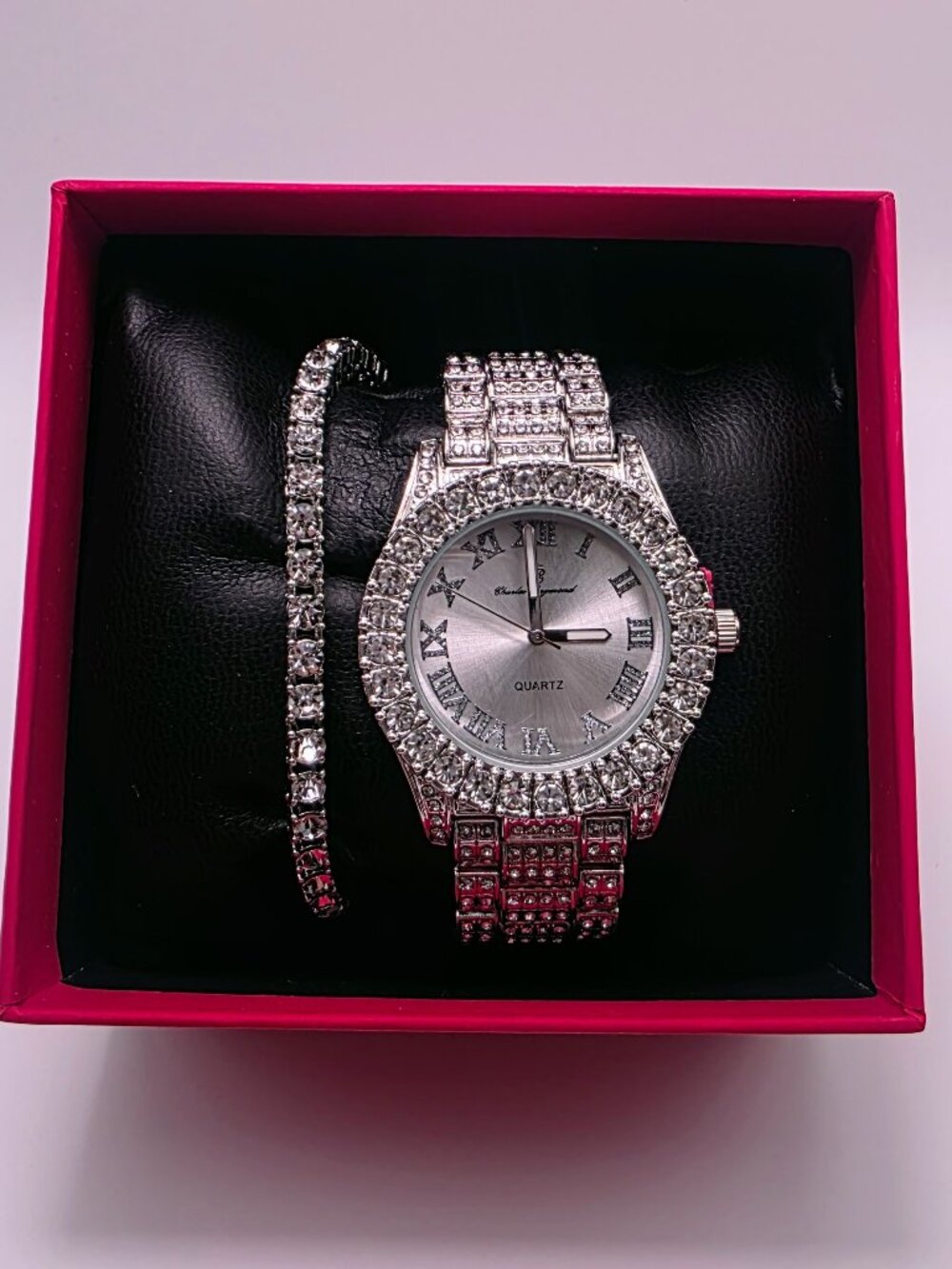 Charles Raymond Silver Rhinestone Watch & Bracelet Gift Set Women's Quartz